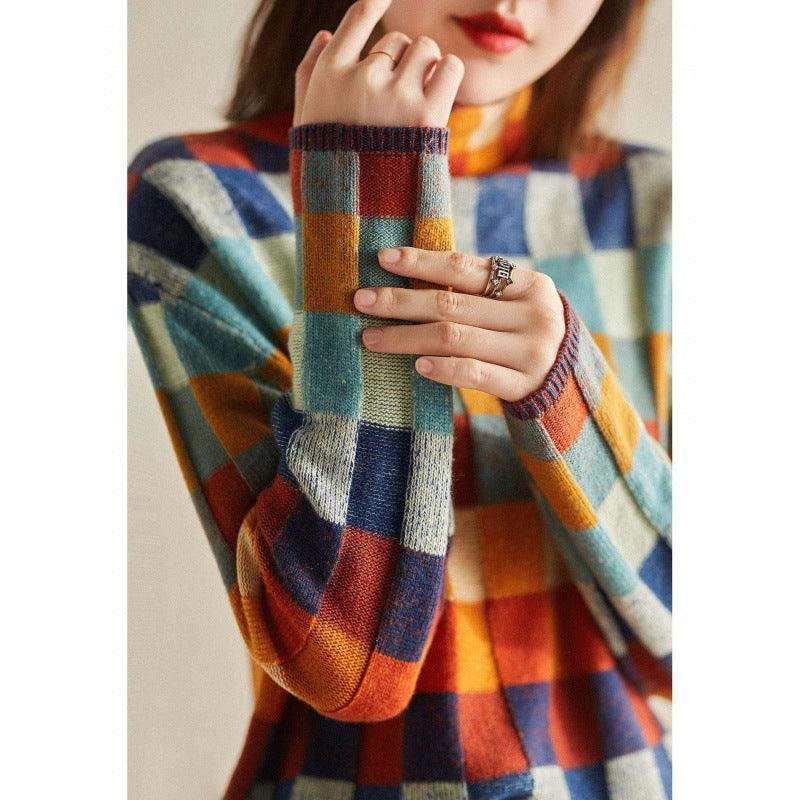 Gorgeous Colorful Chessboard Plaid Sweater Turtleneck Comfortable - Nioor