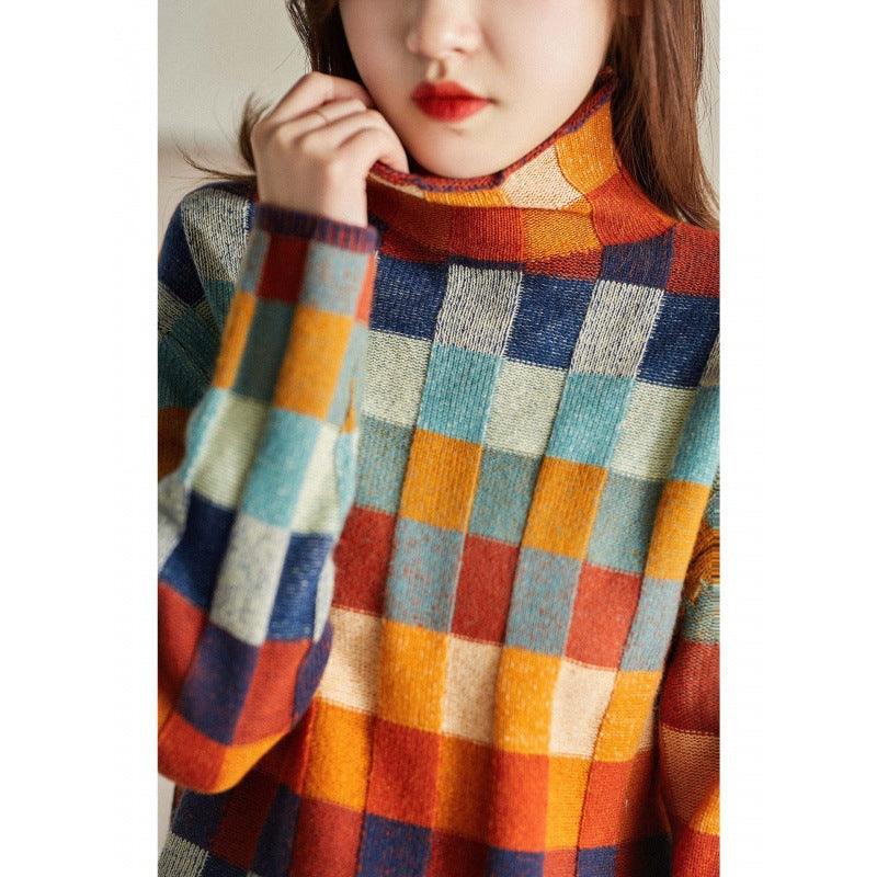 Gorgeous Colorful Chessboard Plaid Sweater Turtleneck Comfortable - Nioor