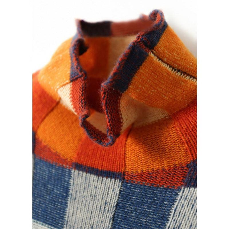 Gorgeous Colorful Chessboard Plaid Sweater Turtleneck Comfortable - Nioor