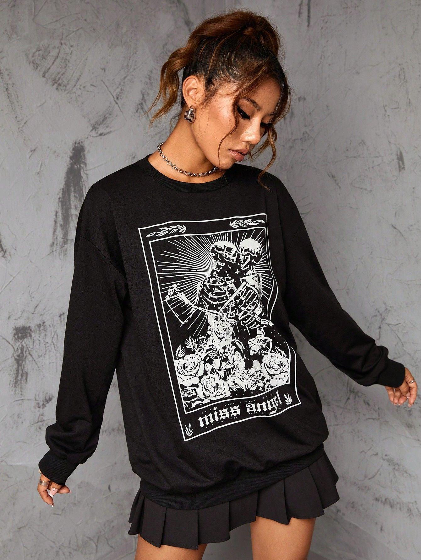 Gothic Court Women's Sweater Retro Rose Skull Long Sweater - Nioor