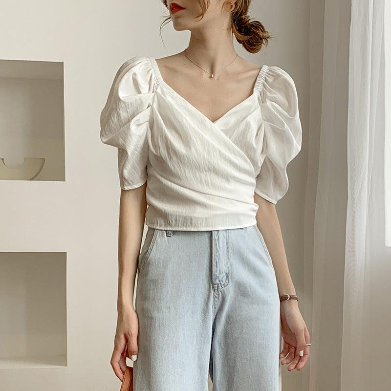 Graceful Puff Sleeve Chiffon Lace-up Shirt Design French Chic V-neck Slim-fit Crop-top - Nioor