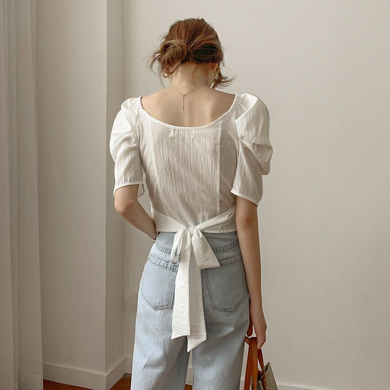 Graceful Puff Sleeve Chiffon Lace-up Shirt Design French Chic V-neck Slim-fit Crop-top - Nioor