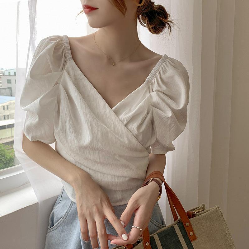 Graceful Puff Sleeve Chiffon Lace-up Shirt Design French Chic V-neck Slim-fit Crop-top - Nioor