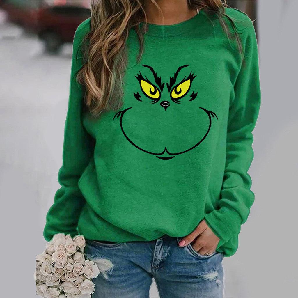 Green Grinch Pattern Print Long Sleeve Crew Neck Sweatshirt - Nioor