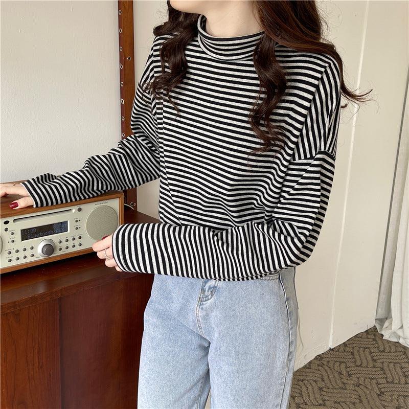 Half High Neck Striped Long Sleeved T Shirt - Nioor