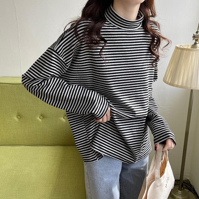 Half High Neck Striped Long Sleeved T Shirt - Nioor