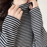 Half High Neck Striped Long Sleeved T Shirt - Nioor