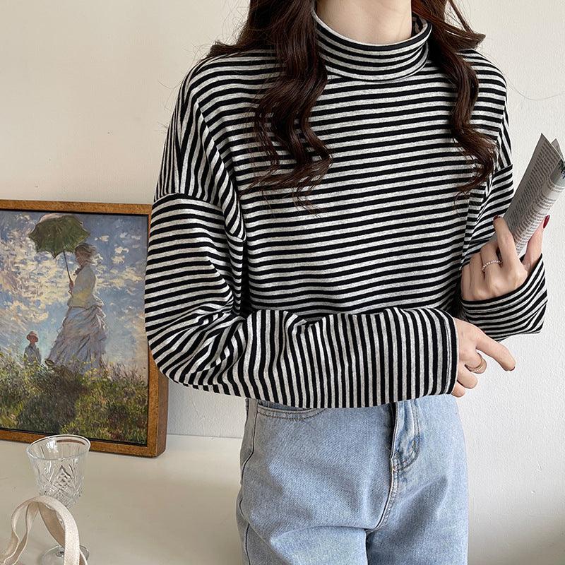 Half High Neck Striped Long Sleeved T Shirt - Nioor