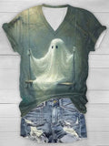 Halloween Pattern Printed Short-sleeved V-neck T-shirt Women's Top - Nioor