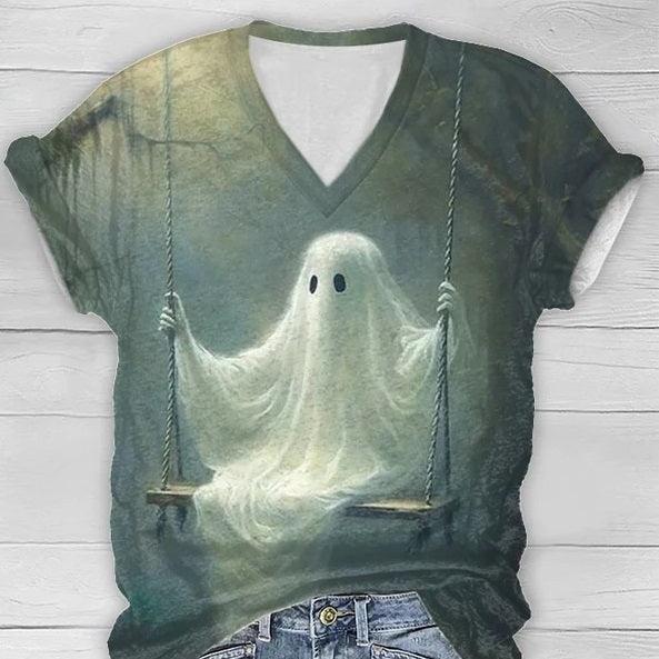 Halloween Pattern Printed Short-sleeved V-neck T-shirt Women's Top - Nioor