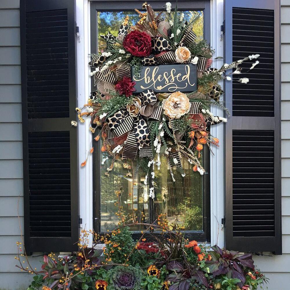 Halloween Wreath Year Round Fall Cheetah Wreath Gorgeous Autumn For Front Door Decor For Thanksgiving Xmas Fabric - Nioor