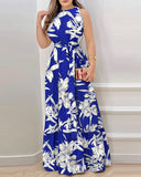 Halter Dress Lace Printing Lotus Leaf - Nioor