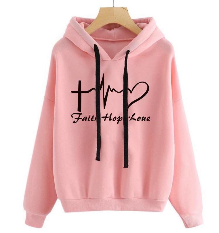 Heart Print Hoodie Sweatshirt Pullover Tops Women Long Sleeve Sports Clothes - Nioor