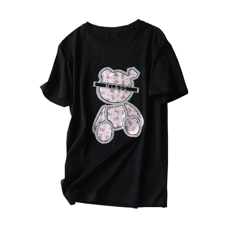 Heavy Embroidery Hot Drilling Bear Design Sense Niche Short Sleeve - Nioor