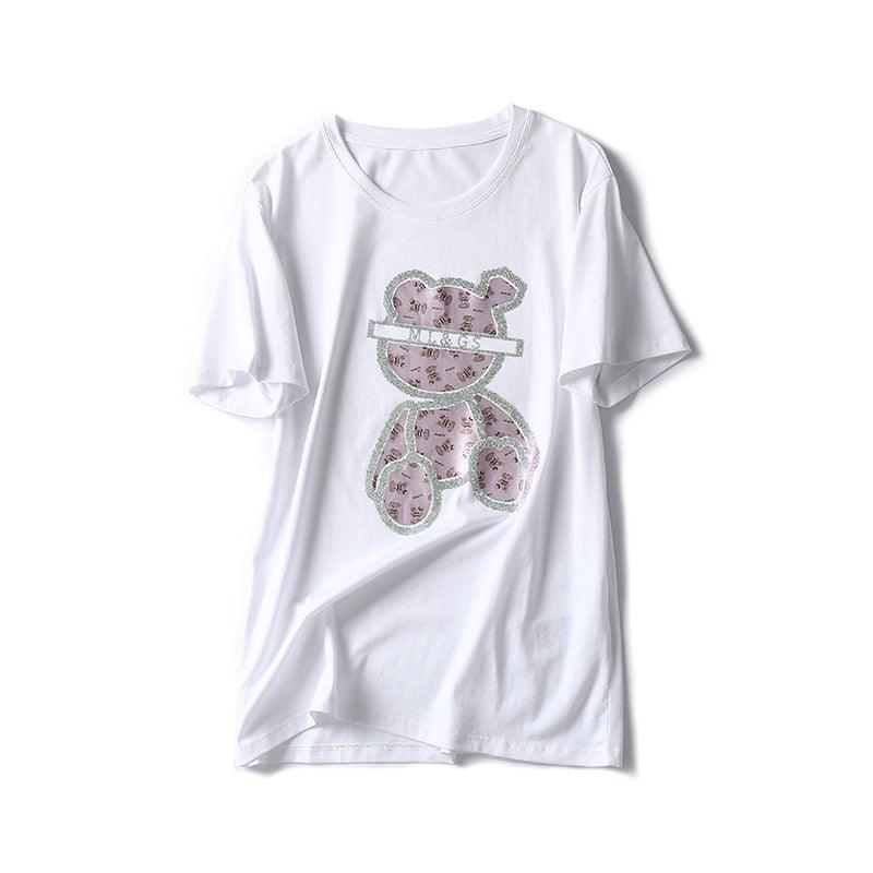 Heavy Embroidery Hot Drilling Bear Design Sense Niche Short Sleeve - Nioor