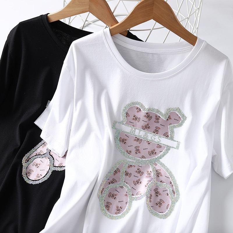 Heavy Embroidery Hot Drilling Bear Design Sense Niche Short Sleeve - Nioor