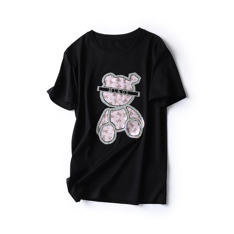 Heavy Embroidery Hot Drilling Bear Design Sense Niche Short Sleeve - Nioor