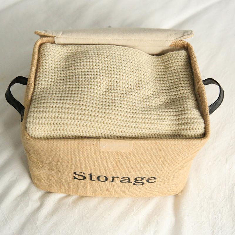 Hemp square clothing storage box cotton and linen retro folding green leather buckle covered storage box - Nioor