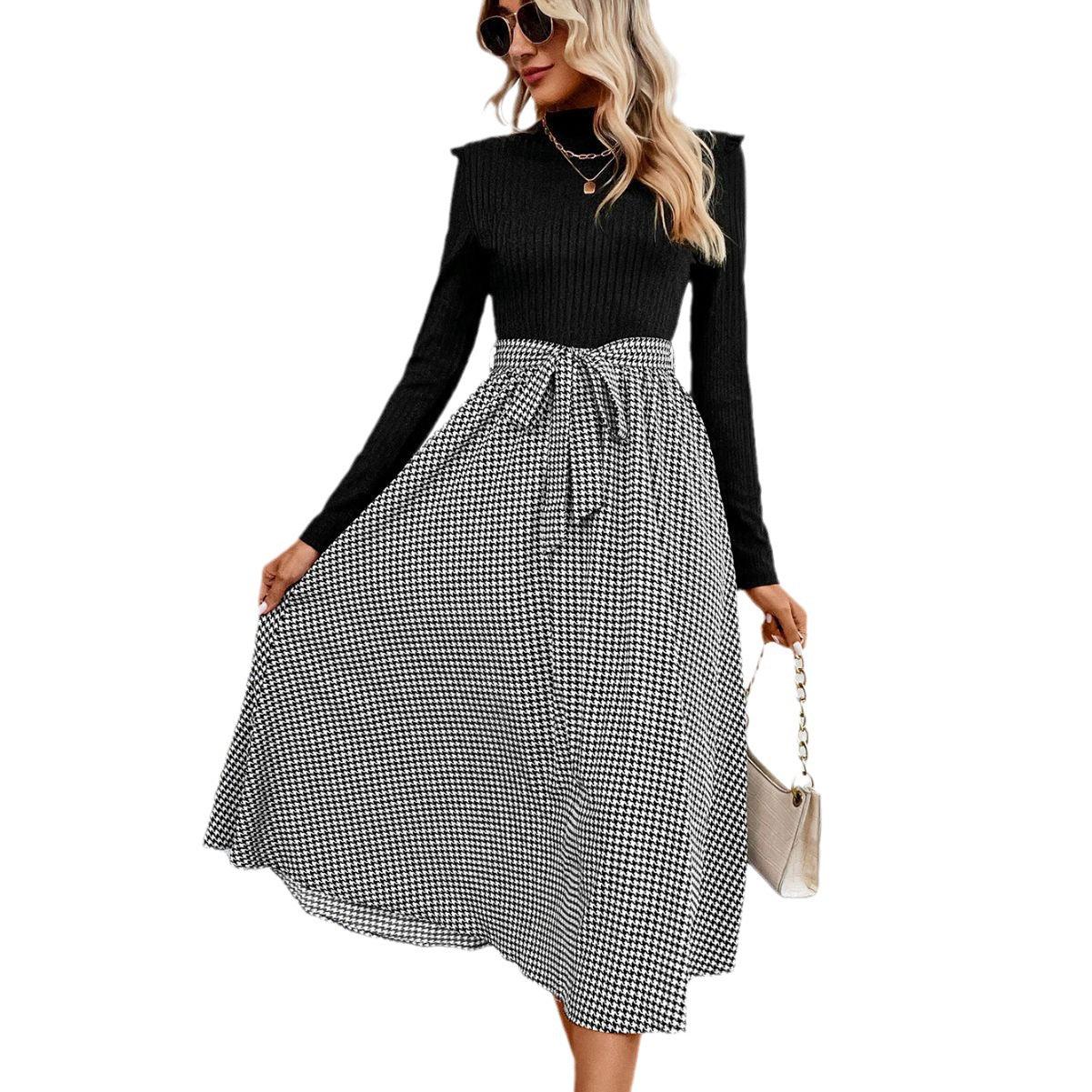 High Collar Long Sleeve High Waist Slimming Dress - Nioor