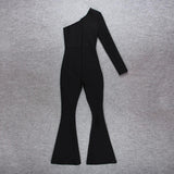 High-waisted One-shoulder Jumpsuit, Hip-covered Mesh Diamond Flared Trousers - Nioor