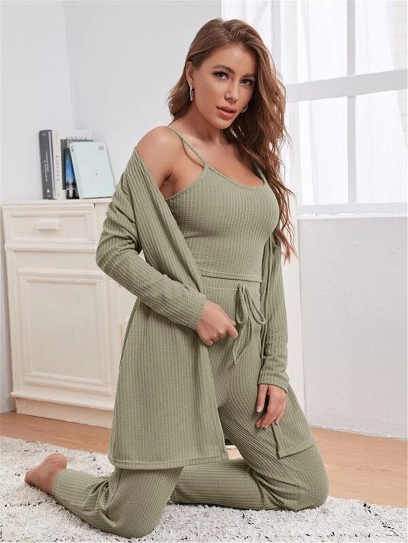 Home Wear Waffle Knitted Suspenders Top And Trousers Robe Pajamas Three-piece Suit - Nioor