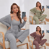 Home Wear Waffle Knitted Suspenders Top And Trousers Robe Pajamas Three-piece Suit - Nioor