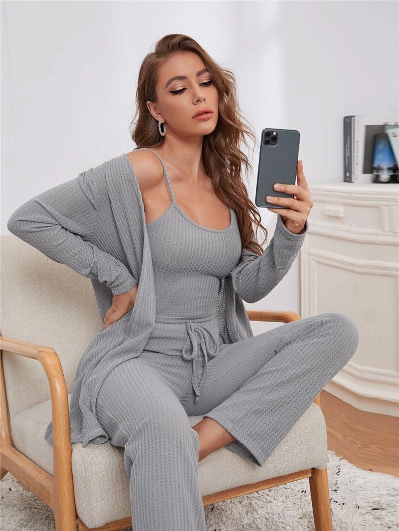 Home Wear Waffle Knitted Suspenders Top And Trousers Robe Pajamas Three-piece Suit - Nioor