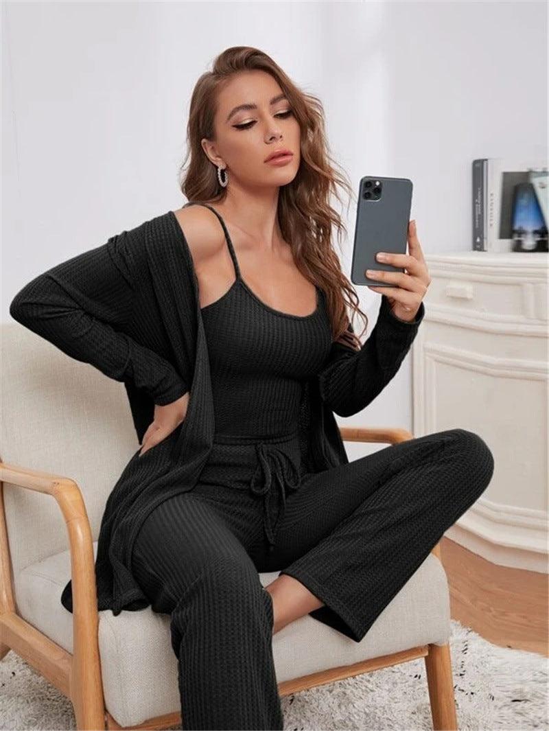 Home Wear Waffle Knitted Suspenders Top And Trousers Robe Pajamas Three-piece Suit - Nioor