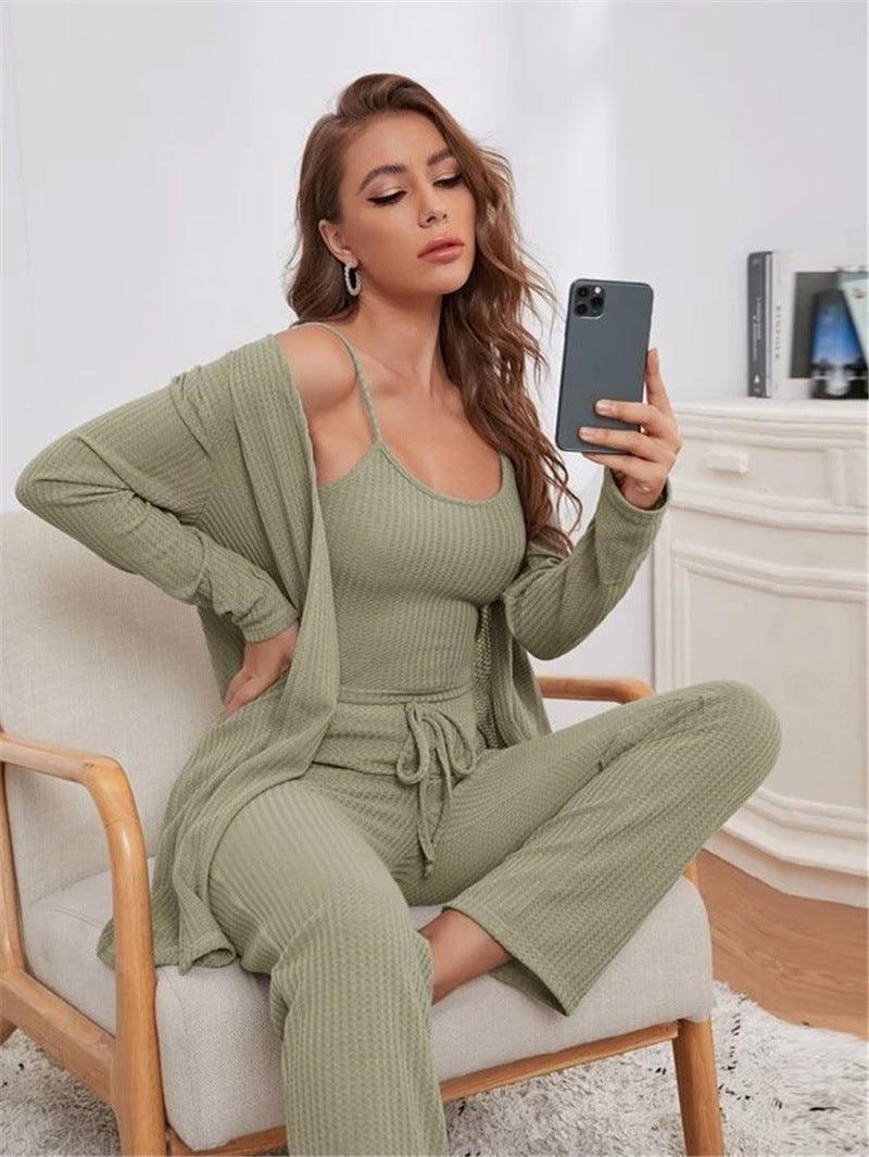 Home Wear Waffle Knitted Suspenders Top And Trousers Robe Pajamas Three-piece Suit - Nioor