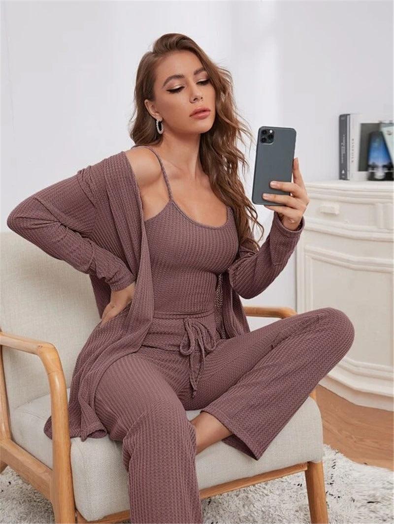 Home Wear Waffle Knitted Suspenders Top And Trousers Robe Pajamas Three-piece Suit - Nioor