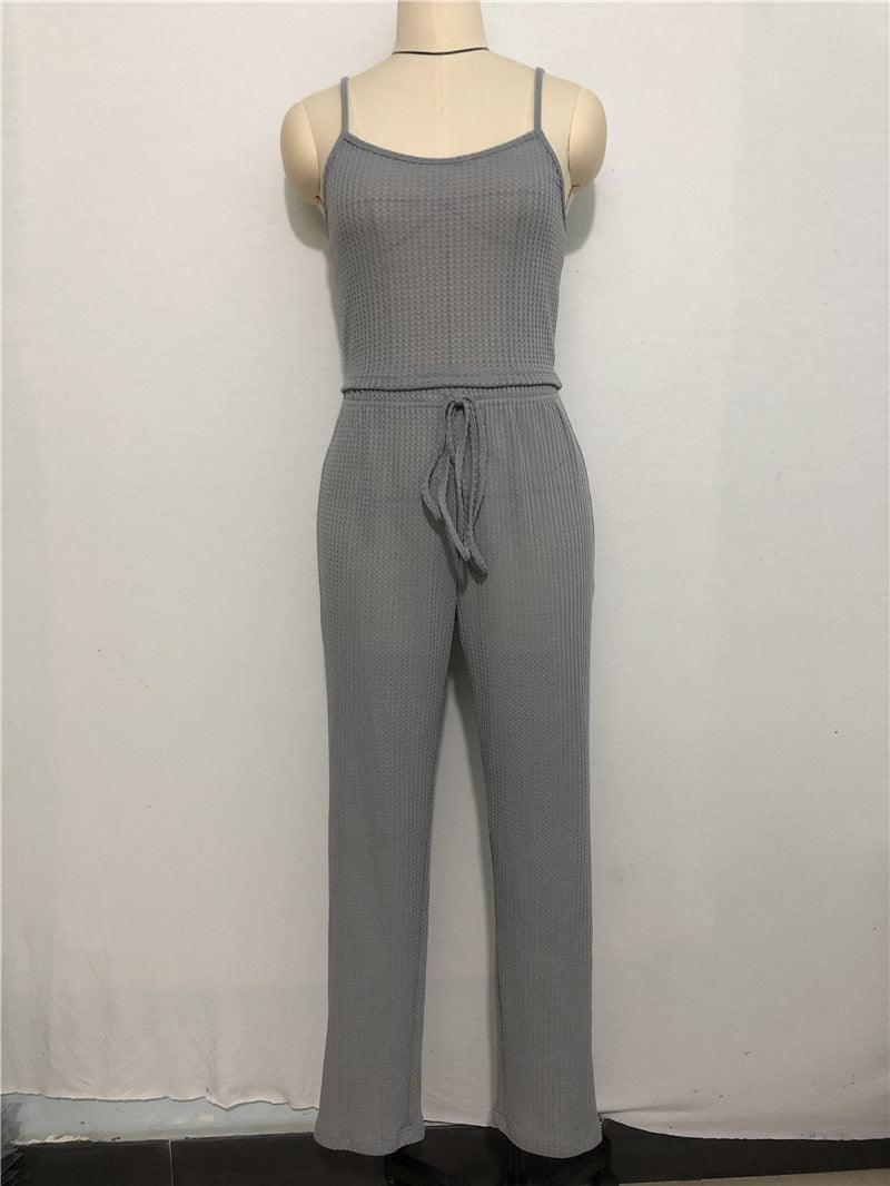 Home Wear Waffle Knitted Suspenders Top And Trousers Robe Pajamas Three-piece Suit - Nioor