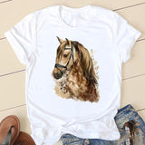 Horse Head Riding Simple Pattern Round Neck Printed White T-shirt - Nioor