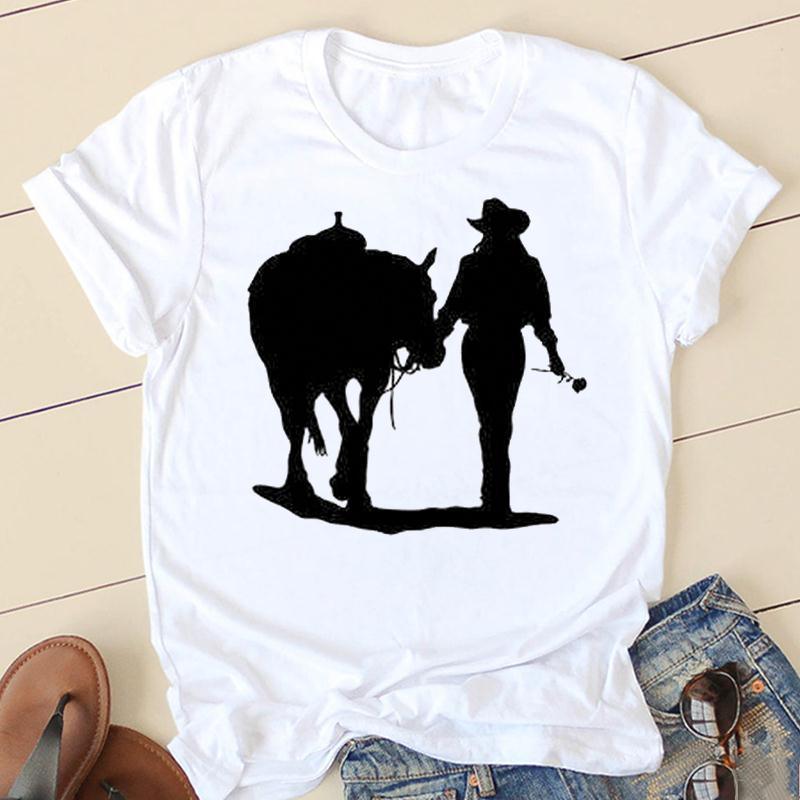 Horse Head Riding Simple Pattern Round Neck Printed White T-shirt - Nioor