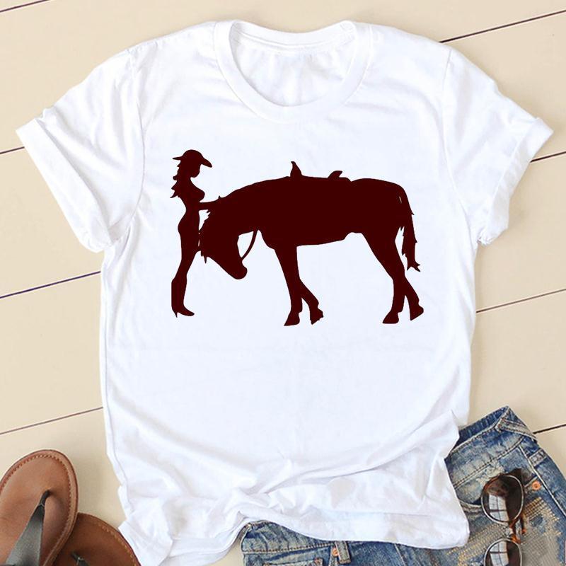 Horse Head Riding Simple Pattern Round Neck Printed White T-shirt - Nioor