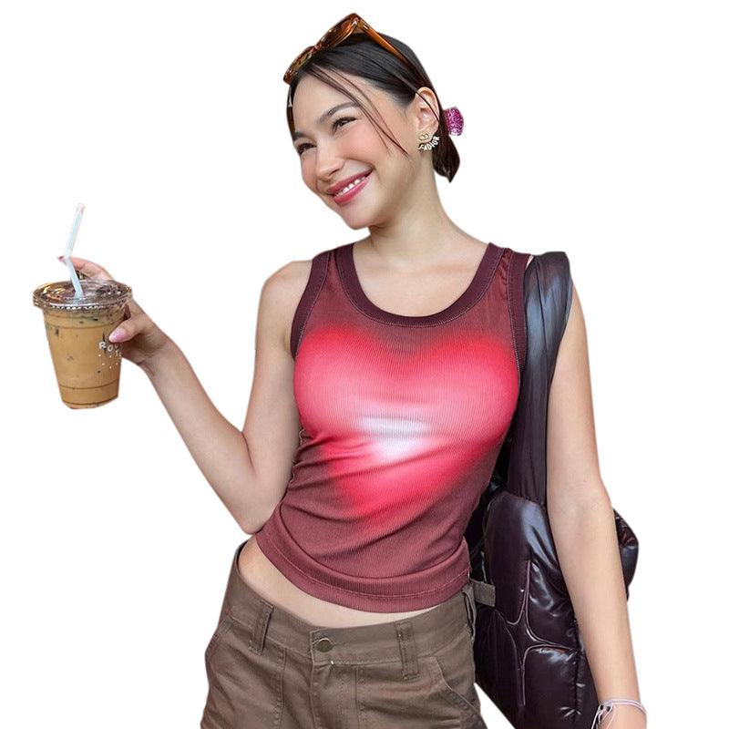 Hot Girl Heart Printing Sleeveless Vest Bare Midriff Slim Fit All-matching Sleeveless Shirt - Nioor