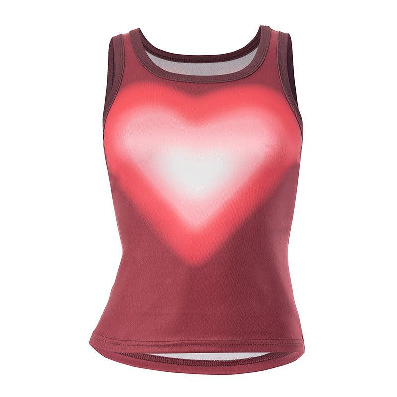 Hot Girl Heart Printing Sleeveless Vest Bare Midriff Slim Fit All-matching Sleeveless Shirt - Nioor