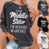 I'm The Middle Sister Printed Round Neck Sweater For Women - Nioor