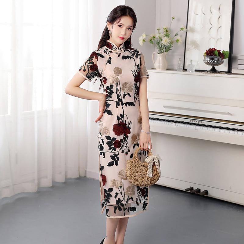 Improved Voile Embroidered Slim Fit Cheongsam Retro Stand Collar Short Sleeve Dress - Nioor