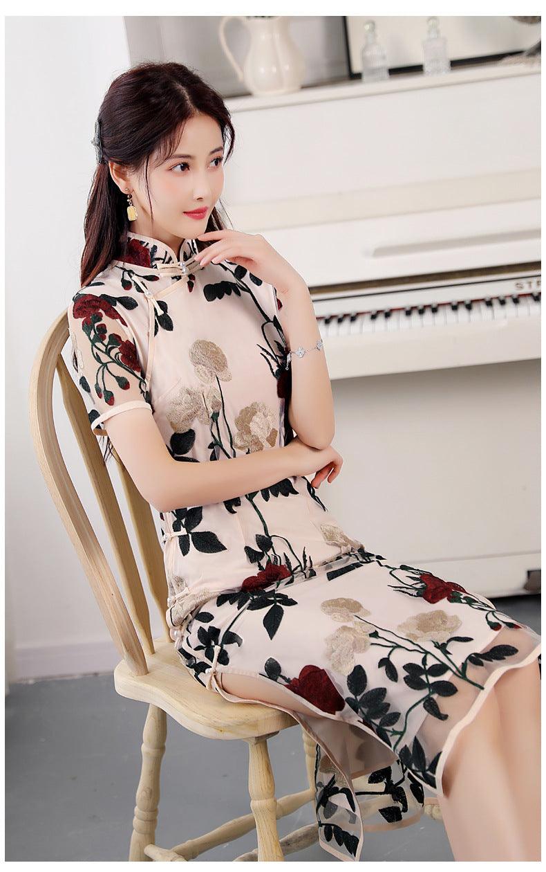 Improved Voile Embroidered Slim Fit Cheongsam Retro Stand Collar Short Sleeve Dress - Nioor