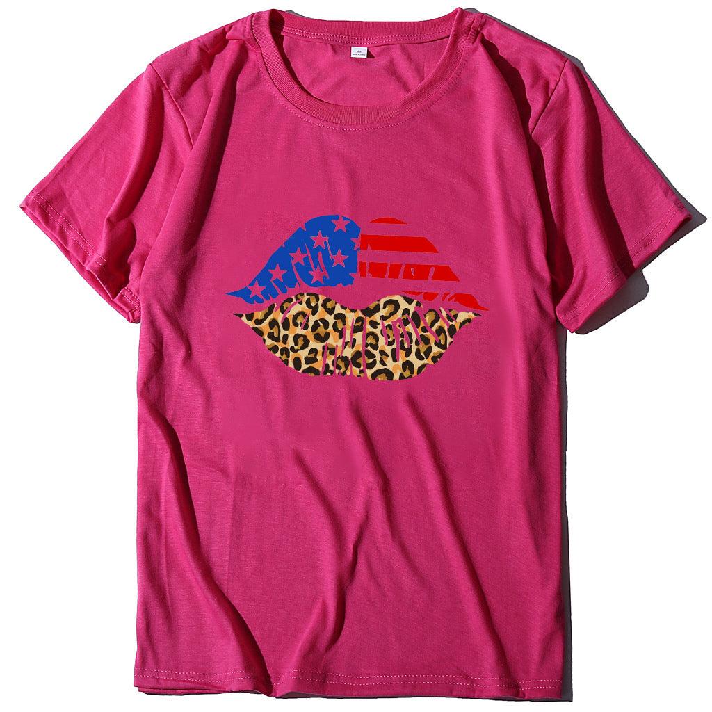 Independence Day Loose Plus Size Flag Printed Lips Women T-shirt - Nioor