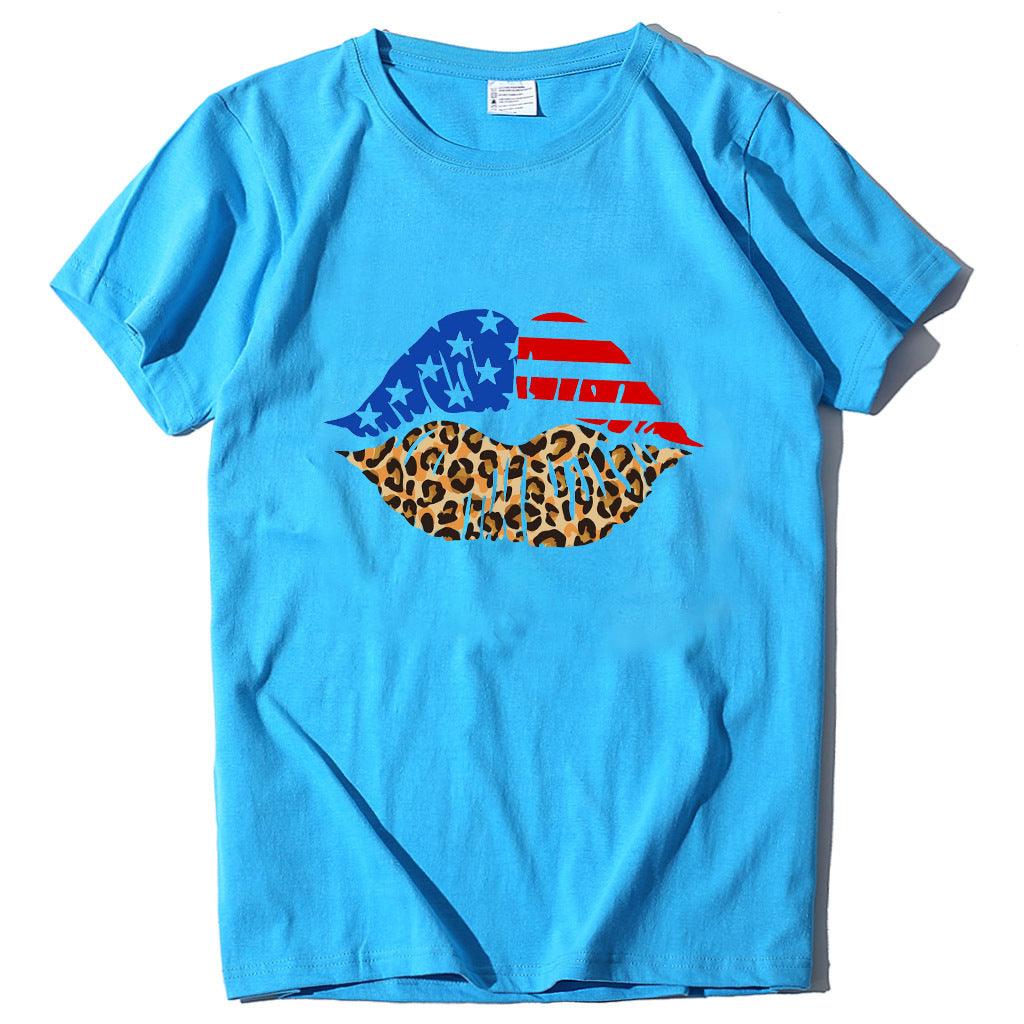 Independence Day Loose Plus Size Flag Printed Lips Women T-shirt - Nioor