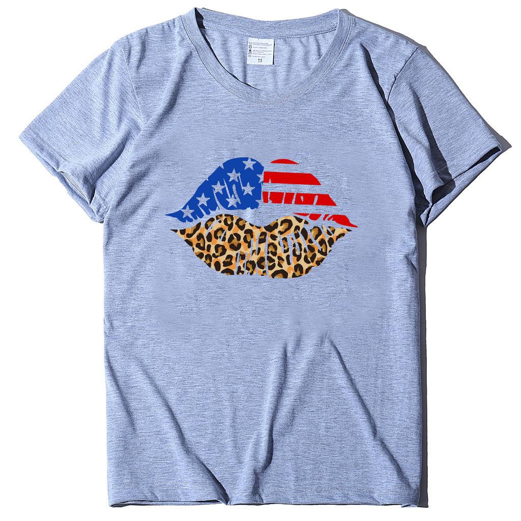 Independence Day Loose Plus Size Flag Printed Lips Women T-shirt - Nioor