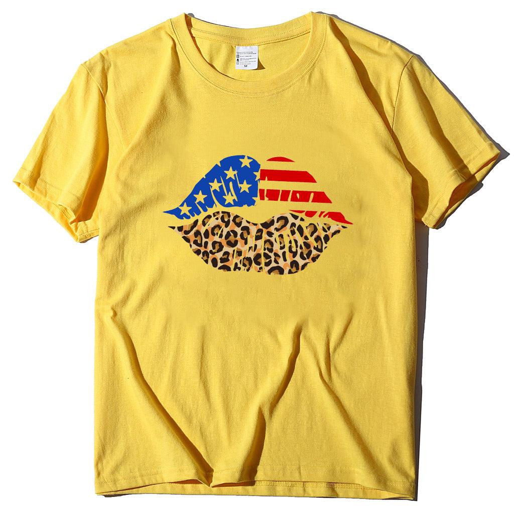 Independence Day Loose Plus Size Flag Printed Lips Women T-shirt - Nioor