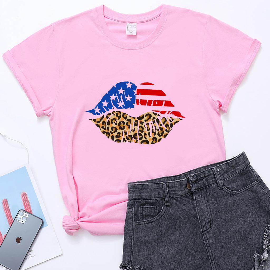 Independence Day Loose Plus Size Flag Printed Lips Women T-shirt - Nioor