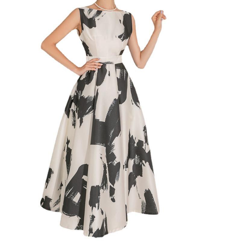 Ink Art Printed Round Neck Sleeveless High Waist Dress - Nioor