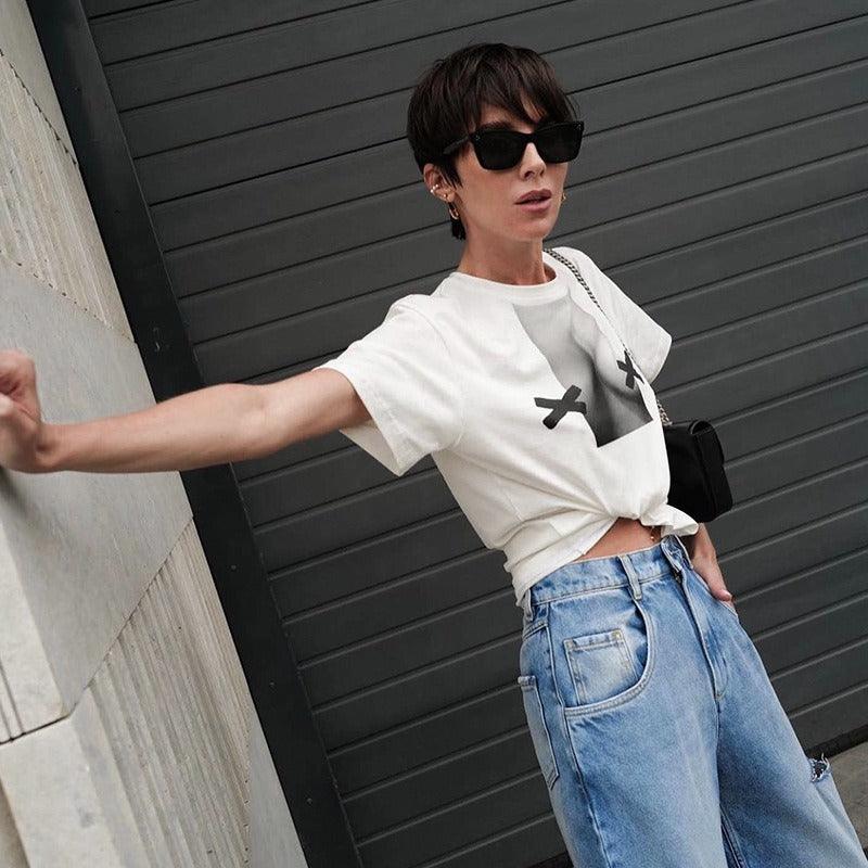 Ins Style Round Neck Short Sleeve Street Printing Long Wild T-shirt - Nioor