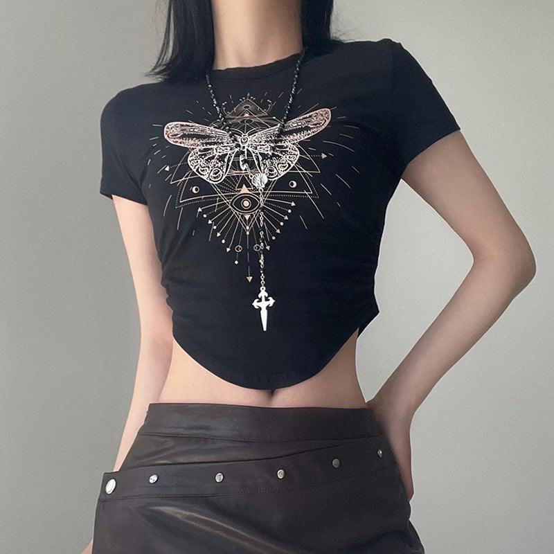 Irregular Butterfly Printed Short-sleeved Top Female - Nioor