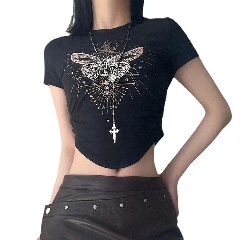 Irregular Butterfly Printed Short-sleeved Top Female - Nioor