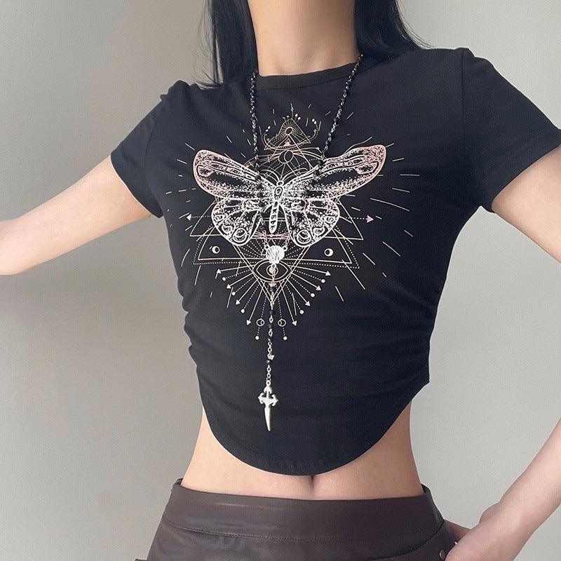 Irregular Butterfly Printed Short-sleeved Top Female - Nioor