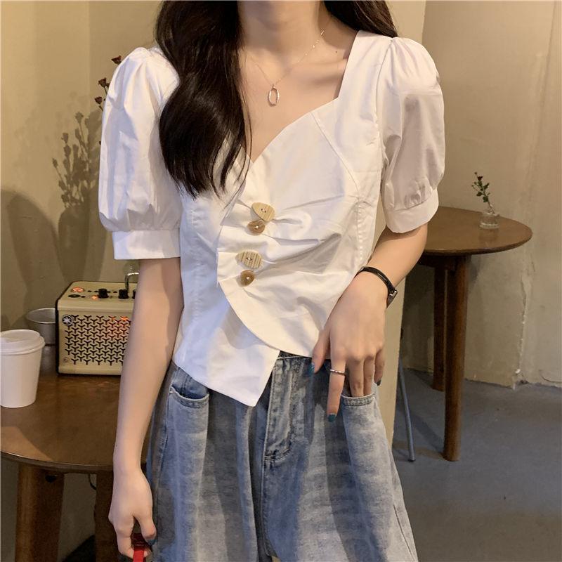 Irregular V-neck Short White Shirt Design Sense Niche Summer Wear Puff Short Sleeve - Nioor